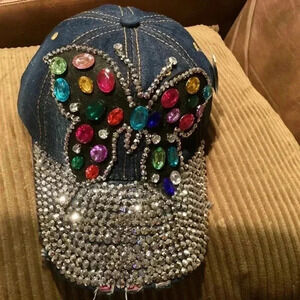 Rhinestone Denim Baseball Cap For Women And Girls, Multi Colored